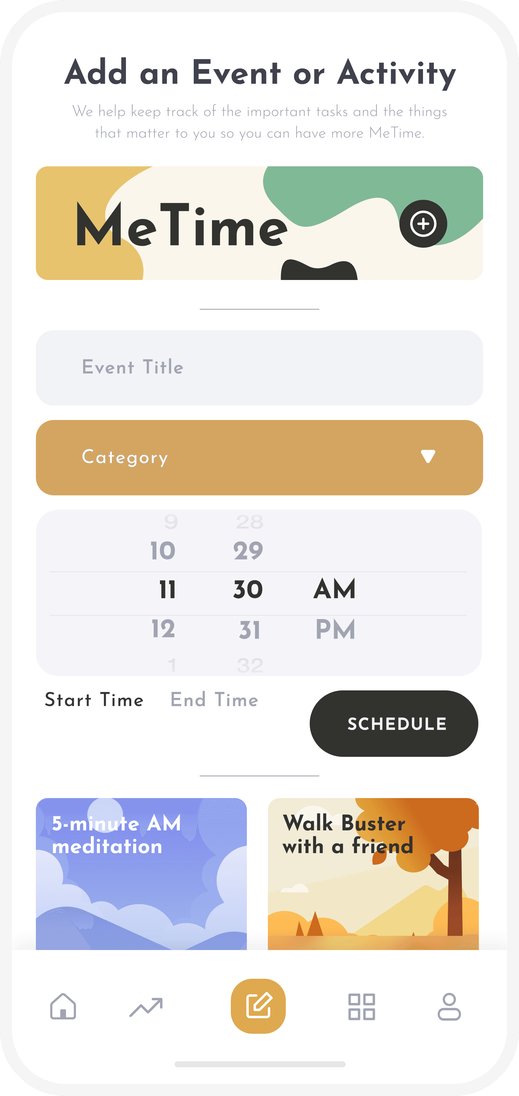 MeTime add activity wireframe