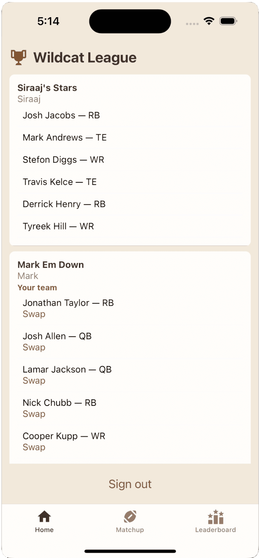 Wildcat Fantasy Football Home Screen