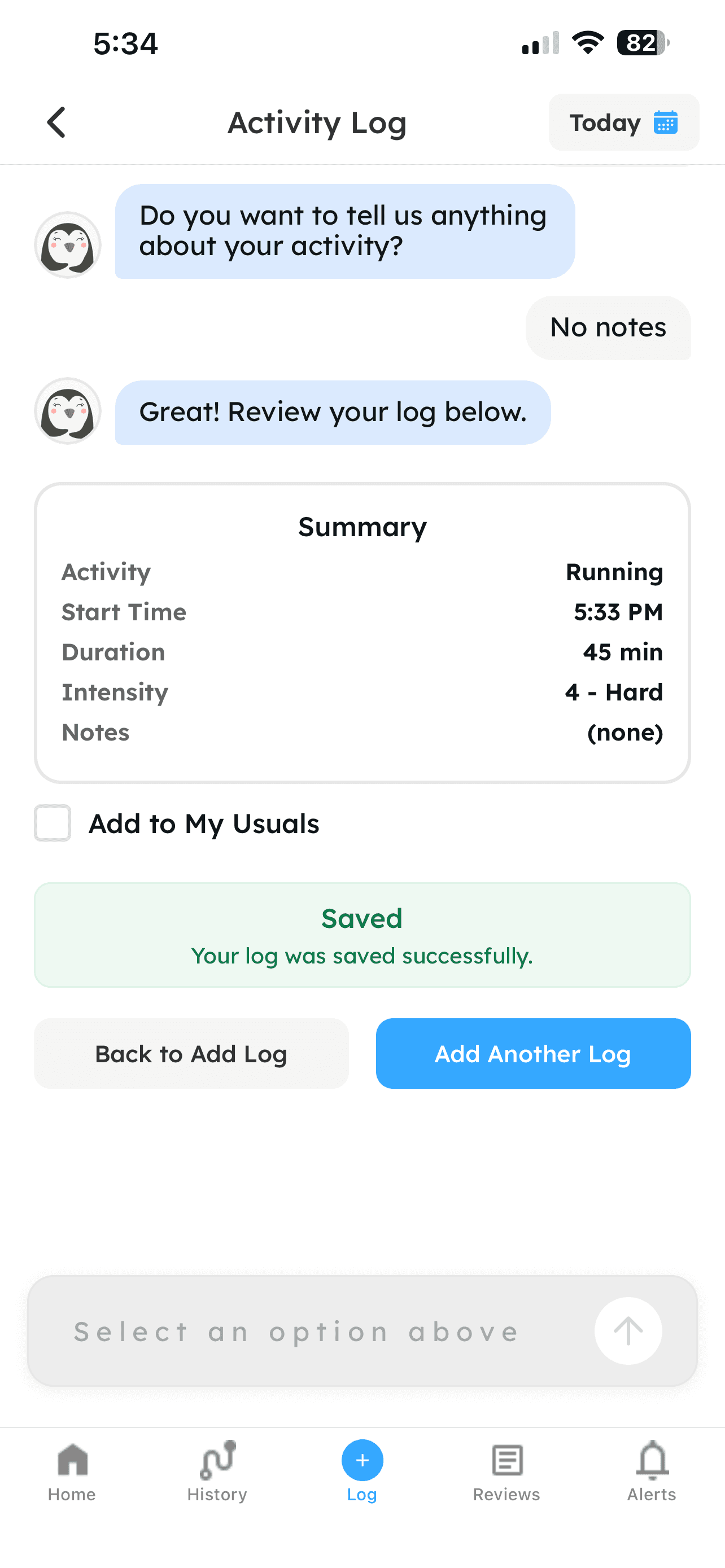 Codi summary log activity screen